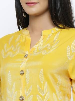 Women's  Lemon Modal Chanderi Gold Print Straight Kurta & Pant Set 5