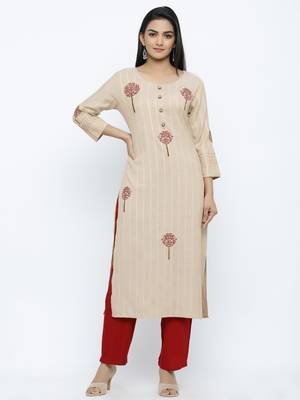 Women's  Chiku & Maroon Handloon Rayon Striped Print & Embroidery Straight Kurta & Pant Set 1