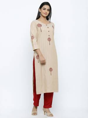 Women's  Chiku & Maroon Handloon Rayon Striped Print & Embroidery Straight Kurta & Pant Set 2