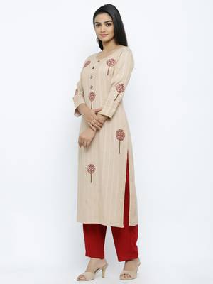 Women's  Chiku & Maroon Handloon Rayon Striped Print & Embroidery Straight Kurta & Pant Set 3