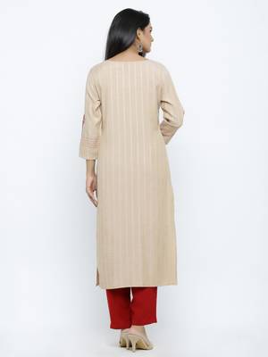 Women's  Chiku & Maroon Handloon Rayon Striped Print & Embroidery Straight Kurta & Pant Set 4