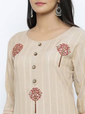 Women's  Chiku & Maroon Handloon Rayon Striped Print & Embroidery Straight Kurta & Pant Set 5
