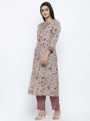 Women's  Chiku Modal Chanderi Printed Straight Kurta & Pant Set 2