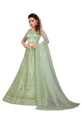 Green embroidered net semi stitched lehenga 2