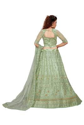 Green embroidered net semi stitched lehenga 4