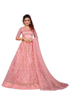 Peach embroidered net semi stitched lehenga 1
