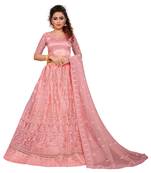 Peach embroidered net semi stitched lehenga