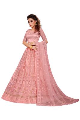 Peach embroidered net semi stitched lehenga 2