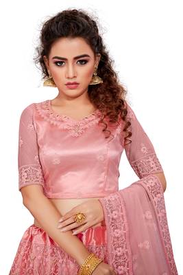 Peach embroidered net semi stitched lehenga 3