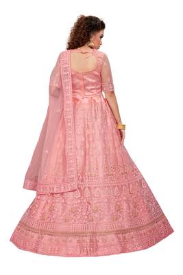 Peach embroidered net semi stitched lehenga 4