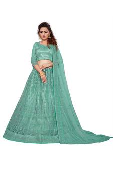 Aqua-blue embroidered net semi stitched lehenga