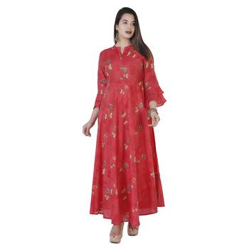 Women's  Carrot Modal Chanderi Gold Print Flared Gown 1