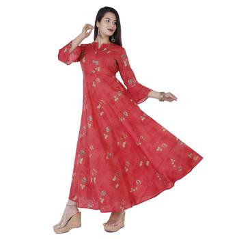 Women's  Carrot Modal Chanderi Gold Print Flared Gown 2