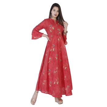Women's  Carrot Modal Chanderi Gold Print Flared Gown 3