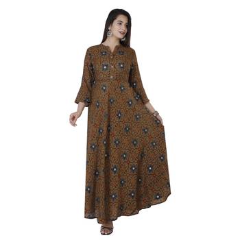 Women's  Mehandi Green Modal Chanderi Gold Print Flared Gown 1