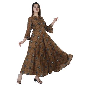 Women's  Mehandi Green Modal Chanderi Gold Print Flared Gown 2