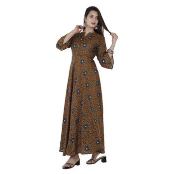 Women's  Mehandi Green Modal Chanderi Gold Print Flared Gown 3