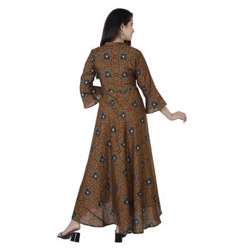 Women's  Mehandi Green Modal Chanderi Gold Print Flared Gown 4