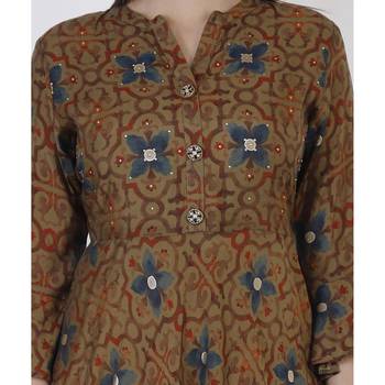 Women's  Mehandi Green Modal Chanderi Gold Print Flared Gown 5