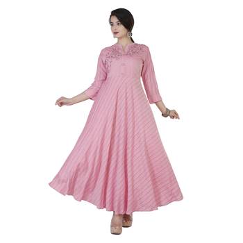 Women's  Baby Pink Liva Rayon Striped Print & Embroidery Flared Gown 1