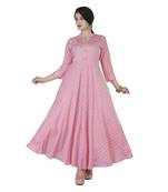 Women's  Baby Pink Liva Rayon Striped Print & Embroidery Flared Gown
