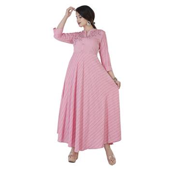Women's  Baby Pink Liva Rayon Striped Print & Embroidery Flared Gown 2
