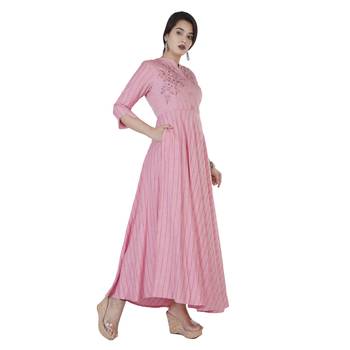 Women's  Baby Pink Liva Rayon Striped Print & Embroidery Flared Gown 3