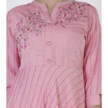 Women's  Baby Pink Liva Rayon Striped Print & Embroidery Flared Gown 4