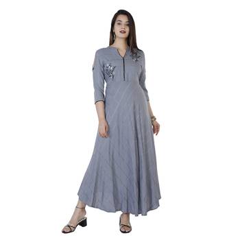 Women's  Grey Rayon Gold Print & Embroidery Flared Gown 1
