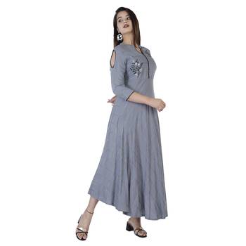 Women's  Grey Rayon Gold Print & Embroidery Flared Gown 2