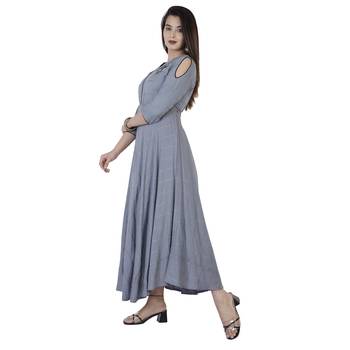 Women's  Grey Rayon Gold Print & Embroidery Flared Gown 3