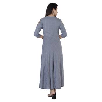 Women's  Grey Rayon Gold Print & Embroidery Flared Gown 4