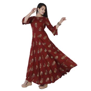 Women's  Maroon Rayon Floral Print Flared Gown 1