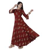 Women's  Maroon Rayon Floral Print Flared Gown