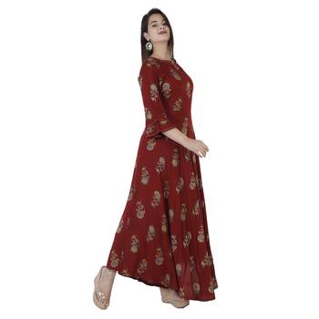 Women's  Maroon Rayon Floral Print Flared Gown 2