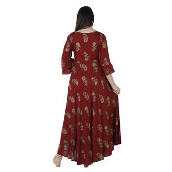 Women's  Maroon Rayon Floral Print Flared Gown 3