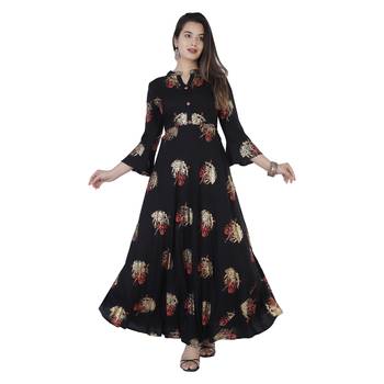 Women's  Black Rayon Gold Print Flared Gown 1