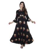 Women's  Black Rayon Gold Print Flared Gown