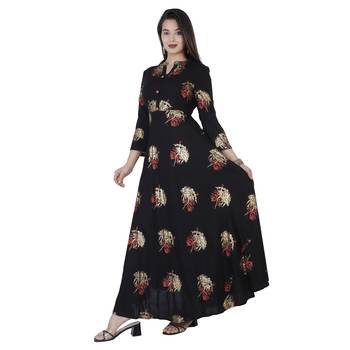 Women's  Black Rayon Gold Print Flared Gown 2