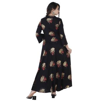 Women's  Black Rayon Gold Print Flared Gown 4