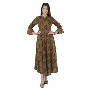 Women's  Mehandi Green Modal Chanderi Gold Print Flared Gown 1