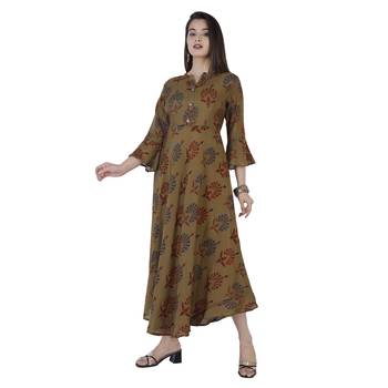 Women's  Mehandi Green Modal Chanderi Gold Print Flared Gown 2