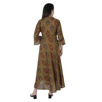 Women's  Mehandi Green Modal Chanderi Gold Print Flared Gown 4
