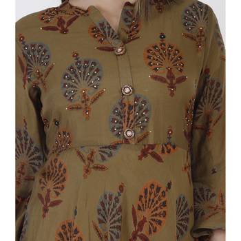 Women's  Mehandi Green Modal Chanderi Gold Print Flared Gown 5