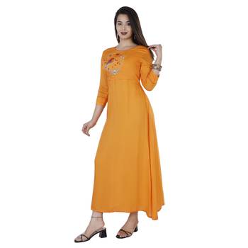 Women's  Orange Modal Chanderi Solid & Embroidery Flared Gown 1