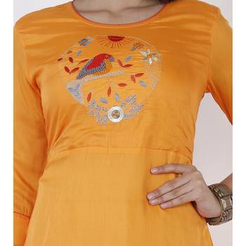 Women's  Orange Modal Chanderi Solid & Embroidery Flared Gown 4