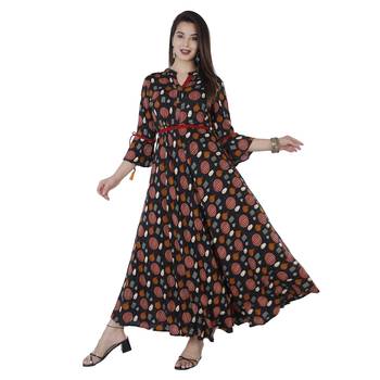 Women's  Black Rayon Printed Flared Gown 1