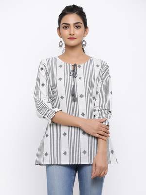 Women's White & Black Modal Chanderi Striped Print Flared Top 1