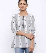 Women's White & Black Modal Chanderi Striped Print Flared Top