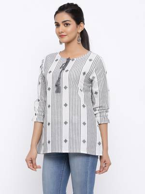 Women's White & Black Modal Chanderi Striped Print Flared Top 2